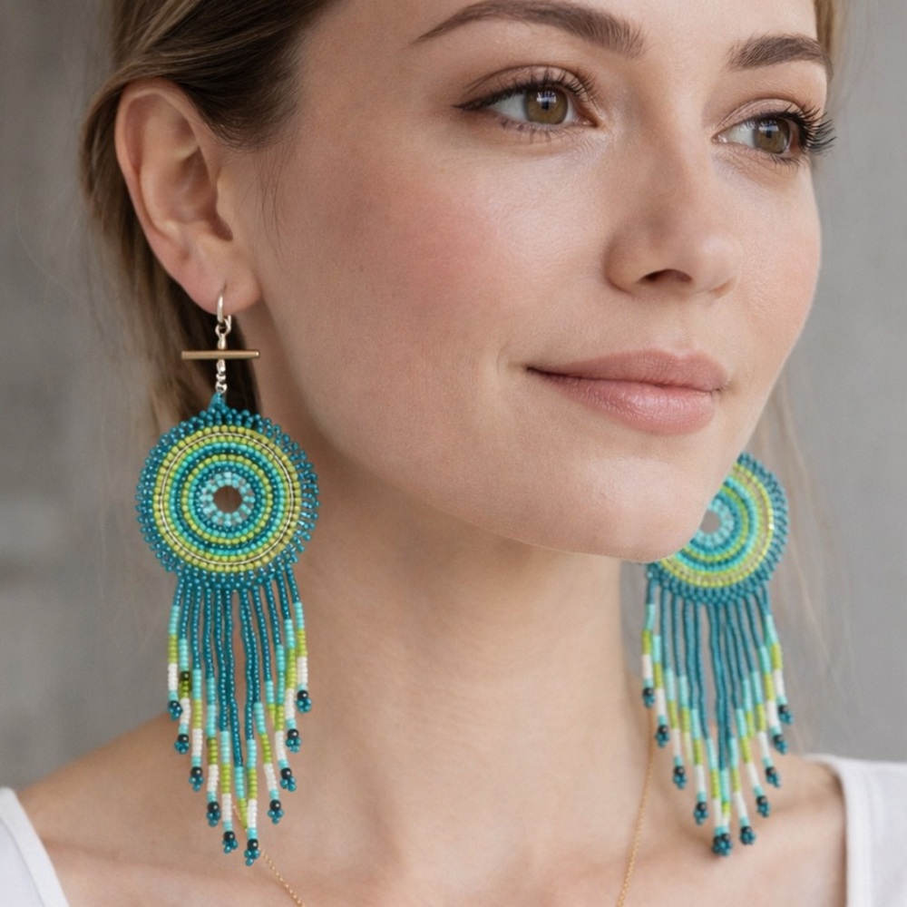 Boho Dreamcatcher Beaded Earrings Green Turquoise Festival Jewelry NWT - Picture 4 of 4